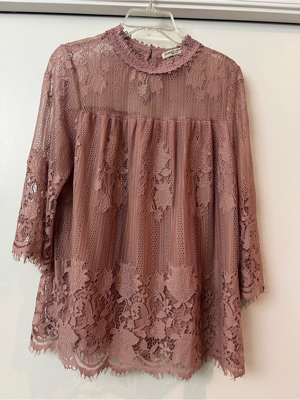 Chance or Fate Pink Lavender Mauve Lace High-Neck Peasant Blouse EUC